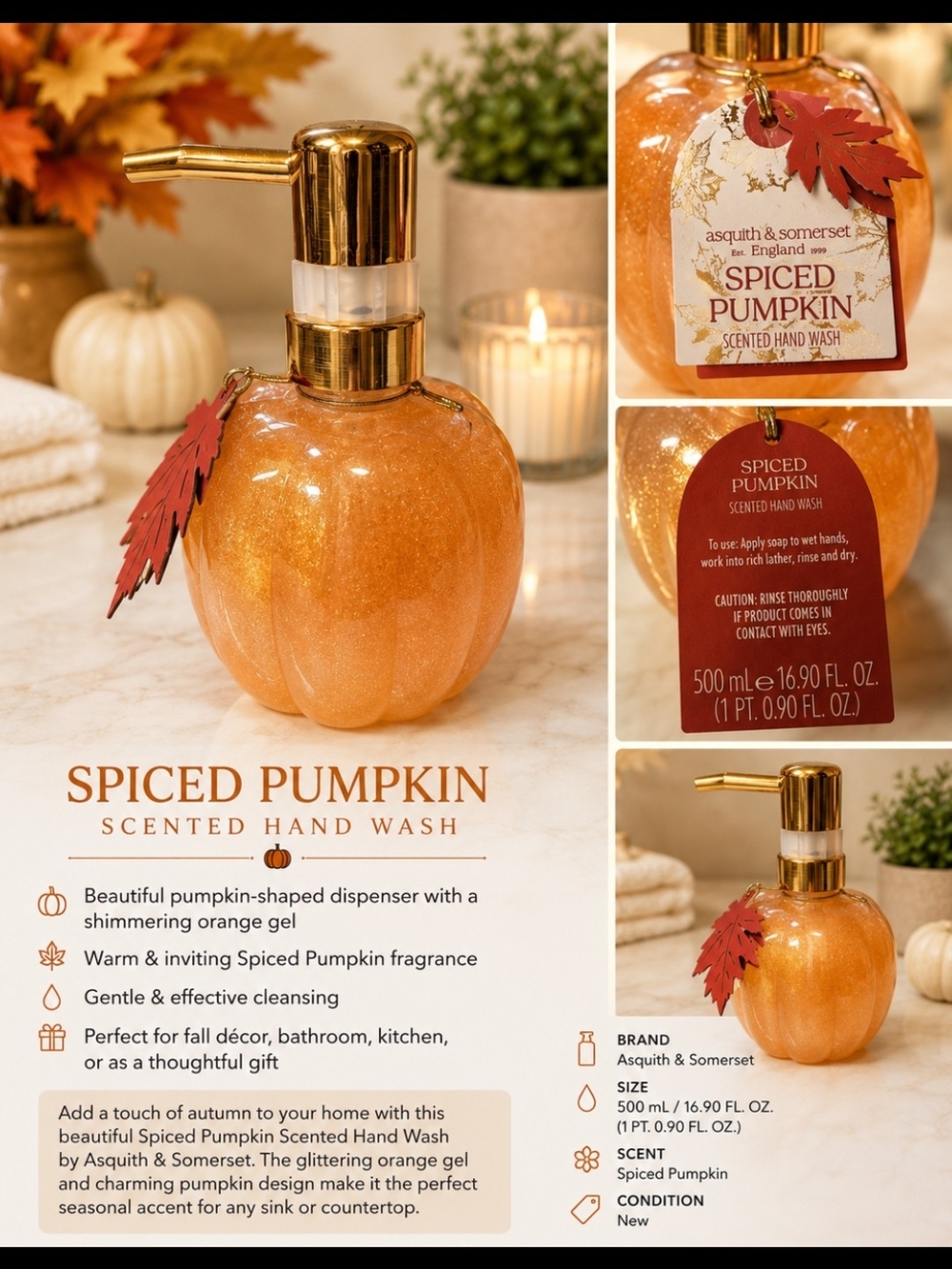 Asquith & Somerset Spiced Pumpkin Hand Wash — Shimmering Orange Dispenser